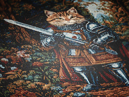 Medieval Cat Woven Throw Blanket, Funny Tapestry Knight Cat Wall Art, Renaissance Pet Portrait, Royal Cat Gift, Gothic Castlecore Home Decor