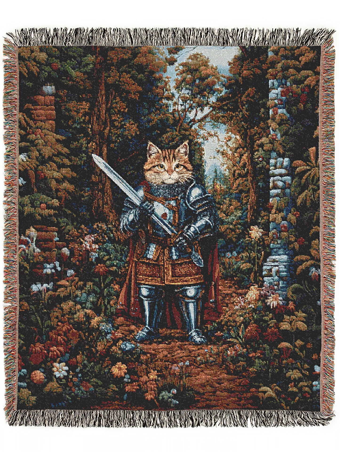 Medieval Cat Woven Throw Blanket, Funny Tapestry Knight Cat Wall Art, Renaissance Pet Portrait, Royal Cat Gift, Gothic Castlecore Home Decor