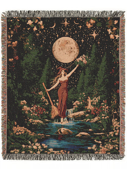 Witch Tapestry Blanket, Woven Throw Blanket, Moon Goddess Wall Art, Cottagecore Witch Decor, Fantasy Witch Blanket, Celestial Witch Gift