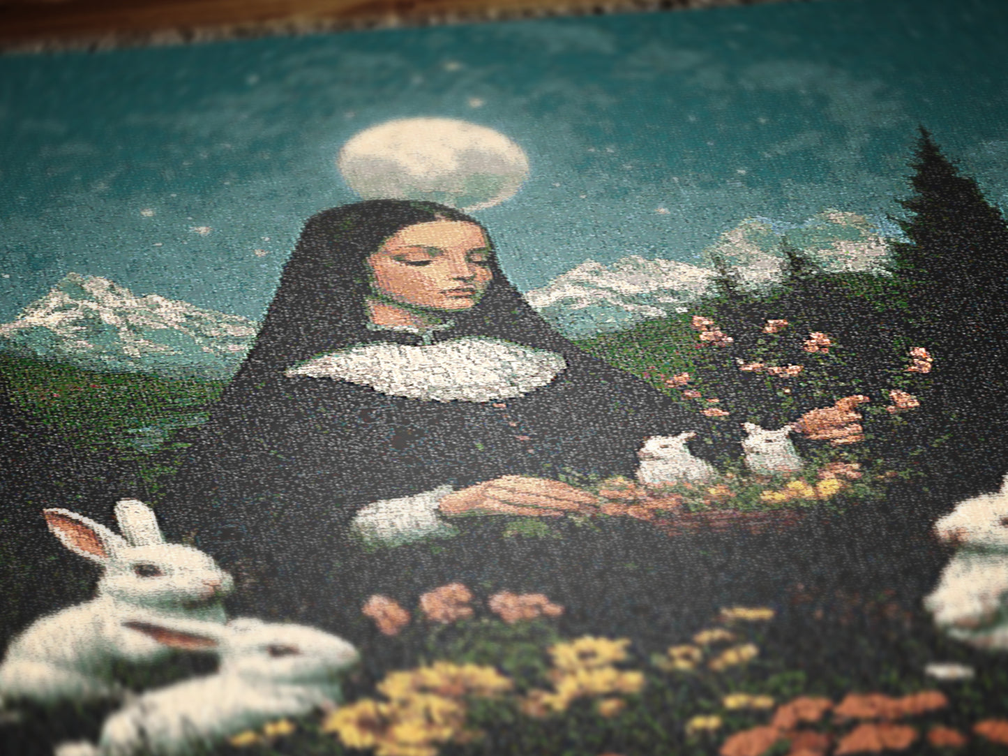 Moonlit Ostara In Garden Tapestry, Unique Art Blanket, Easter Bunny Decor, Mystical Nun Woven Throw, Pastoral Nature Art, Whimsigoth Decor