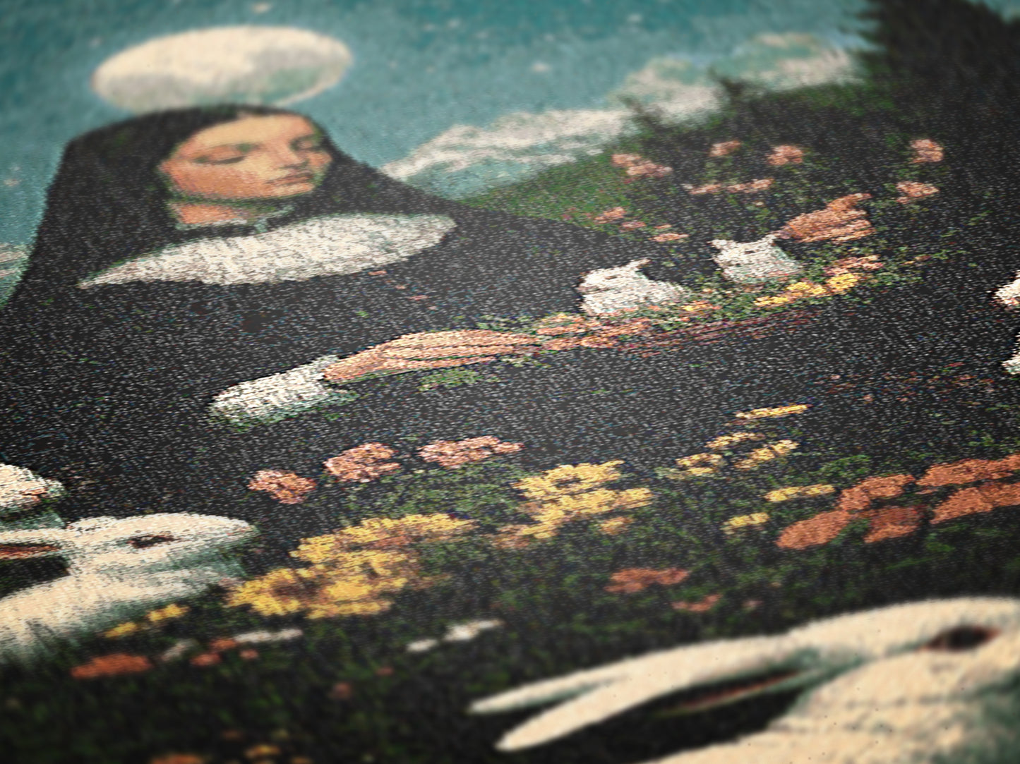 Moonlit Ostara In Garden Tapestry, Unique Art Blanket, Easter Bunny Decor, Mystical Nun Woven Throw, Pastoral Nature Art, Whimsigoth Decor