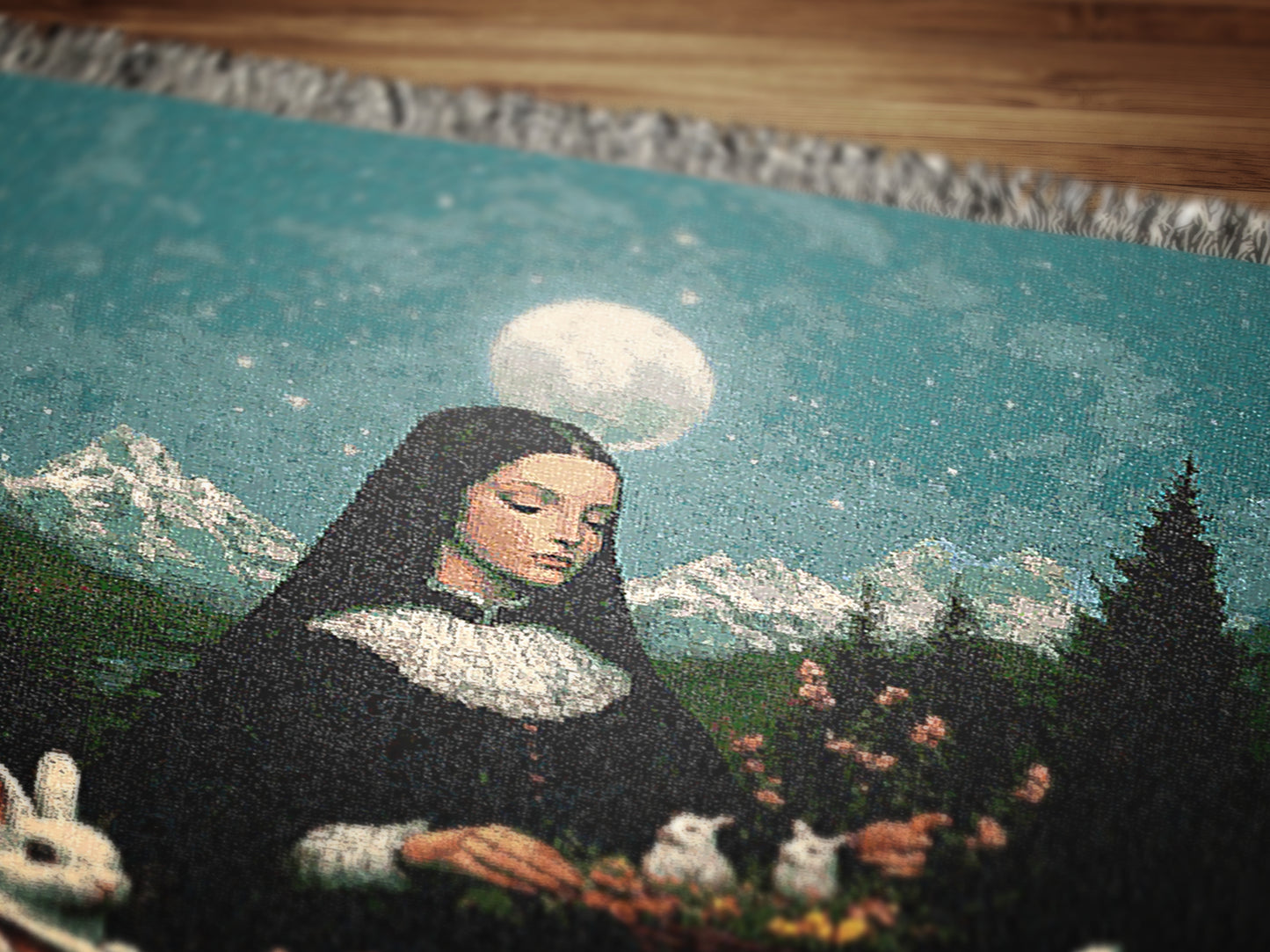 Moonlit Ostara In Garden Tapestry, Unique Art Blanket, Easter Bunny Decor, Mystical Nun Woven Throw, Pastoral Nature Art, Whimsigoth Decor