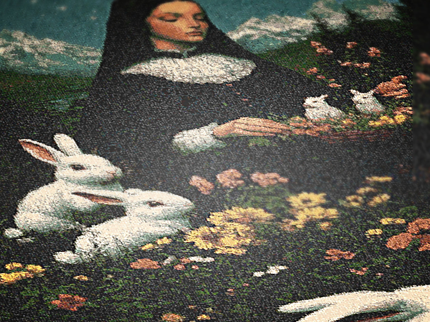 Moonlit Ostara In Garden Tapestry, Unique Art Blanket, Easter Bunny Decor, Mystical Nun Woven Throw, Pastoral Nature Art, Whimsigoth Decor