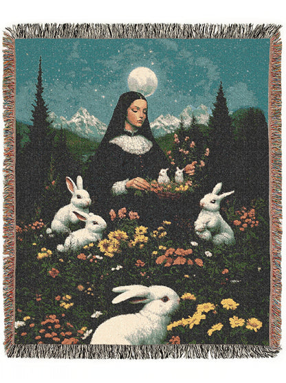 Moonlit Ostara In Garden Tapestry, Unique Art Blanket, Easter Bunny Decor, Mystical Nun Woven Throw, Pastoral Nature Art, Whimsigoth Decor