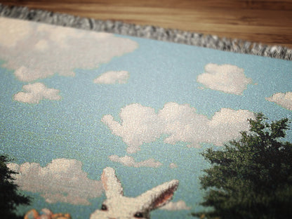 Ostara Bunny Woven Blanket, Easter Rabbit Tapestry, Spring Cottagecore Decor, Whimsical Pastoral Art, Garden Picnic Blanket