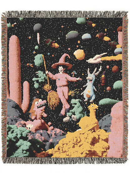 Cosmic Witch Woven Blanket Surrealist Fantasy Space Throw for Stargazers, Astrology Enthusiast Tapestry, Retro Celestial Witchcore Aesthetic