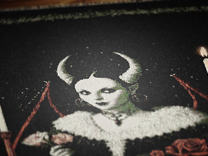 Lilith, Gothic Devil Demon Woven Blanket, Dark Romance Witchcore Tapestry Horned Woman, Candlelit Ritual Scene, Whimsigoth Wall Art Decor