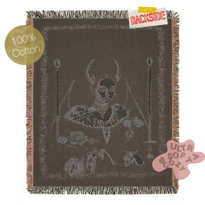 Lilith, Gothic Devil Demon Woven Blanket, Dark Romance Witchcore Tapestry Horned Woman, Candlelit Ritual Scene, Whimsigoth Wall Art Decor