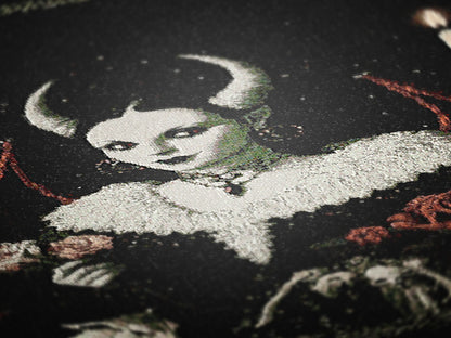 Lilith, Gothic Devil Demon Woven Blanket, Dark Romance Witchcore Tapestry Horned Woman, Candlelit Ritual Scene, Whimsigoth Wall Art Decor