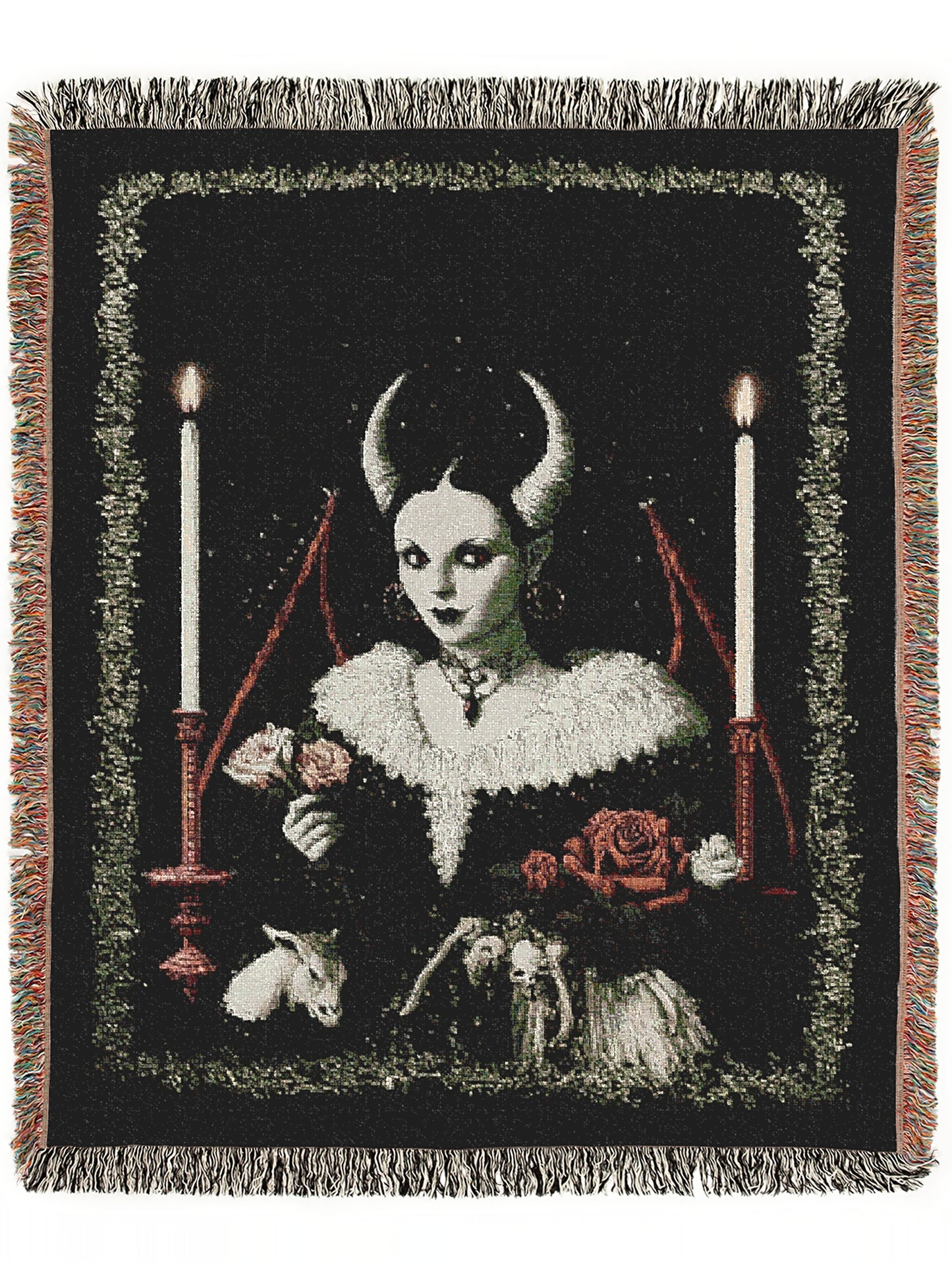 Lilith, Gothic Devil Demon Woven Blanket, Dark Romance Witchcore Tapestry Horned Woman, Candlelit Ritual Scene, Whimsigoth Wall Art Decor