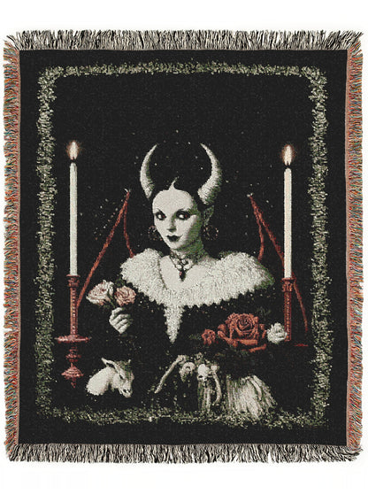 Lilith, Gothic Devil Demon Woven Blanket, Dark Romance Witchcore Tapestry Horned Woman, Candlelit Ritual Scene, Whimsigoth Wall Art Decor