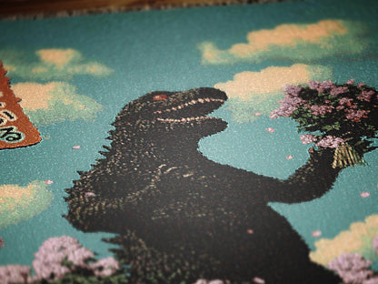 Godzilla in Love Sakura Bouquet, Cotton Woven Blanket Throw, Romantic Kaiju Gojira Funny Tapestry, Woven Wall Art, Weirdcore Decor Gift
