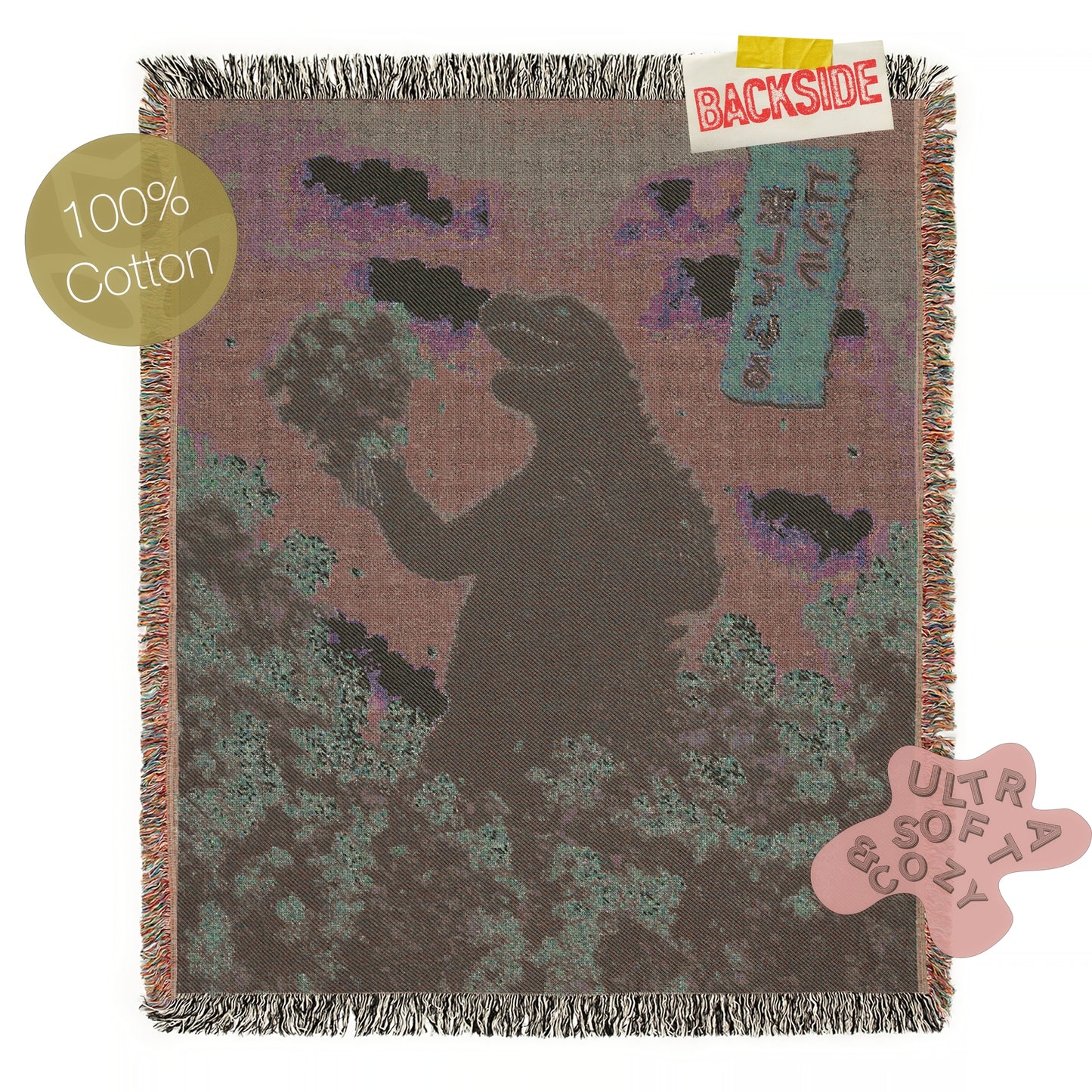 Godzilla in Love Sakura Bouquet, Cotton Woven Blanket Throw, Romantic Kaiju Gojira Funny Tapestry, Woven Wall Art, Weirdcore Decor Gift