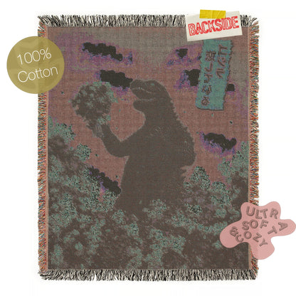 Godzilla in Love Sakura Bouquet, Cotton Woven Blanket Throw, Romantic Kaiju Gojira Funny Tapestry, Woven Wall Art, Weirdcore Decor Gift