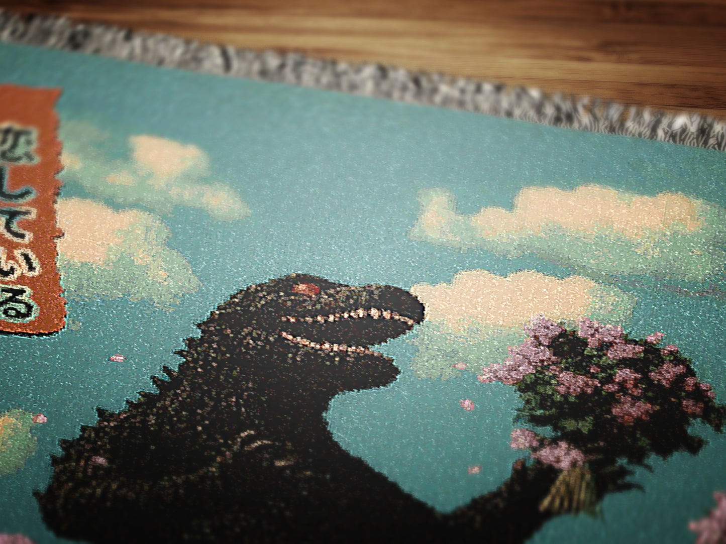 Godzilla in Love Sakura Bouquet, Cotton Woven Blanket Throw, Romantic Kaiju Gojira Funny Tapestry, Woven Wall Art, Weirdcore Decor Gift