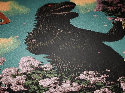 Godzilla in Love Sakura Bouquet, Cotton Woven Blanket Throw, Romantic Kaiju Gojira Funny Tapestry, Woven Wall Art, Weirdcore Decor Gift