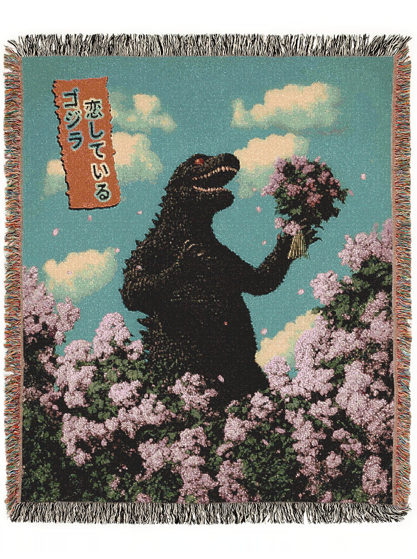 Godzilla in Love Sakura Bouquet, Cotton Woven Blanket Throw, Romantic Kaiju Gojira Funny Tapestry, Woven Wall Art, Weirdcore Decor Gift
