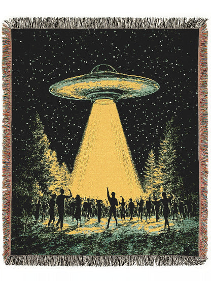 UFO Abduction At Music Festival Woven Blanket, Cotton Woven Couch Throw, Sci-Fi Home Decor, Weirdcore Funny Tapestry Alien Room Art Gifts,