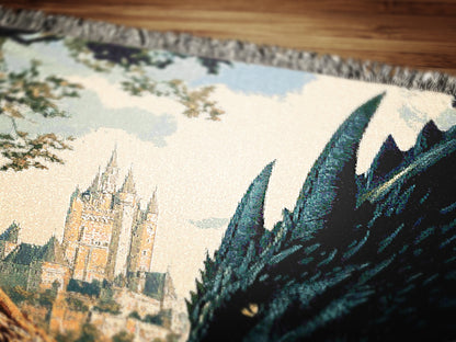Dragon Woven Blanket,  Fantasy Castle Medieval Large Wall Tapestry, Castlecore Dragon Art Throw, Gothic Bedroom or Couch Decor