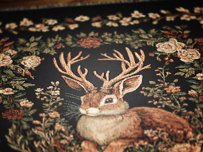 Jackalope Woven Blanket, Mythical Rabbit Deer Nature Tapestry Throw, Moody Cottagecore Whimsigoth Botanical Home Decor, Witchy Gift
