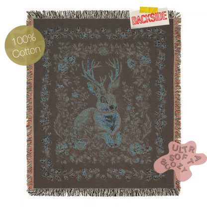 Jackalope Woven Blanket, Mythical Rabbit Deer Nature Tapestry Throw, Moody Cottagecore Whimsigoth Botanical Home Decor, Witchy Gift