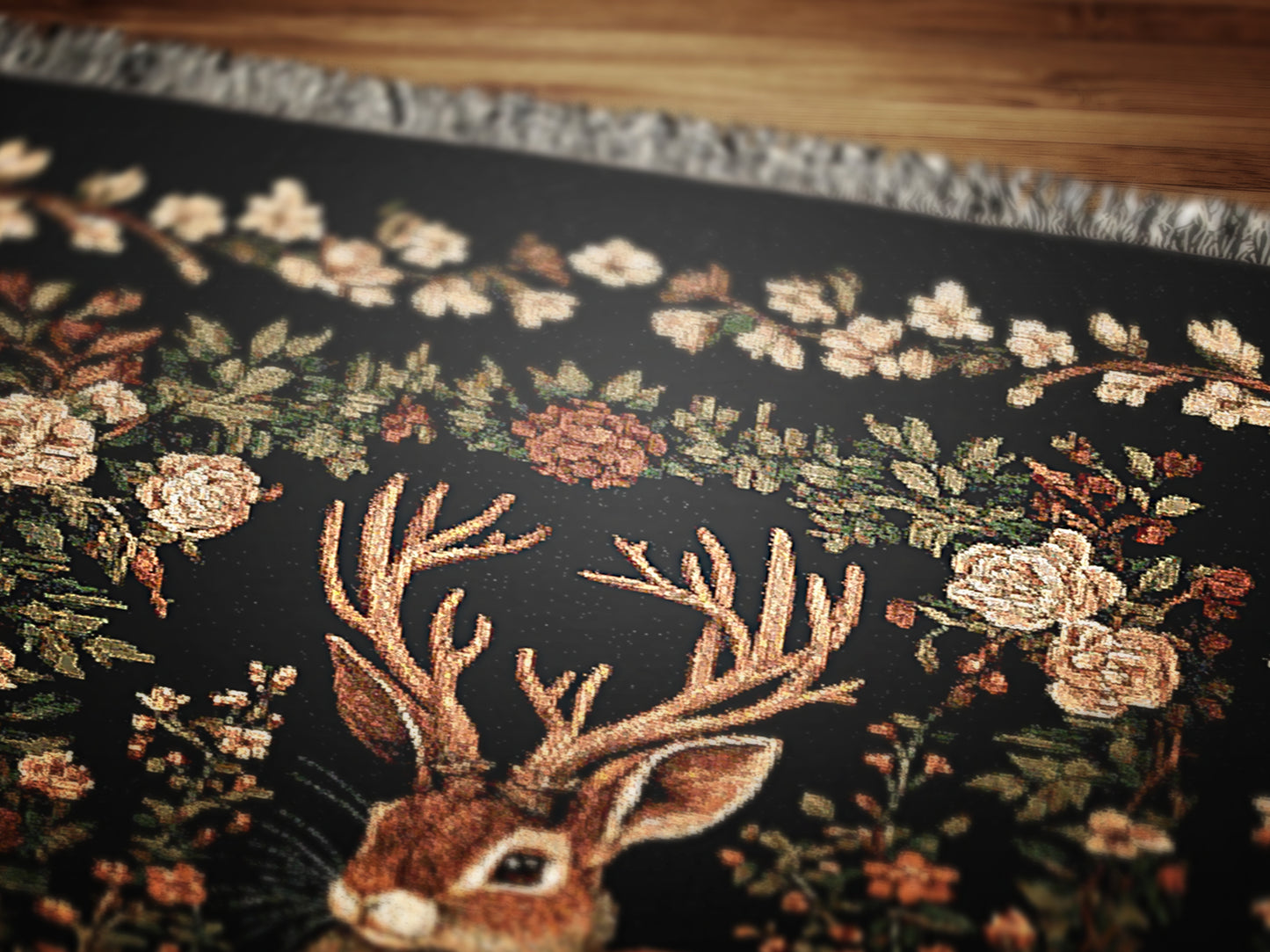 Jackalope Woven Blanket, Mythical Rabbit Deer Nature Tapestry Throw, Moody Cottagecore Whimsigoth Botanical Home Decor, Witchy Gift