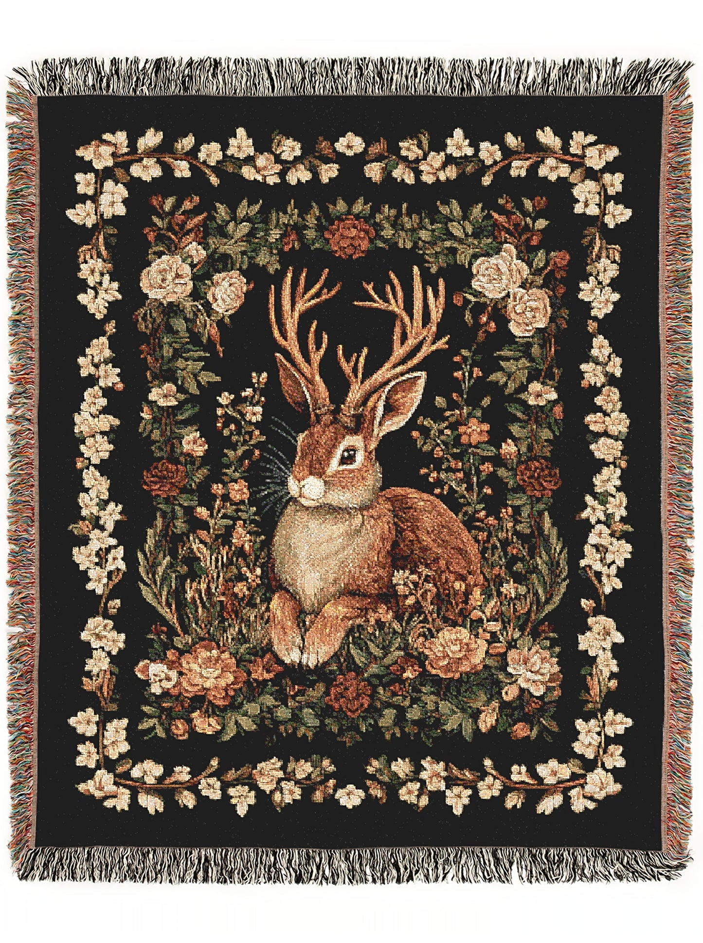 Jackalope Woven Blanket, Mythical Rabbit Deer Nature Tapestry Throw, Moody Cottagecore Whimsigoth Botanical Home Decor, Witchy Gift