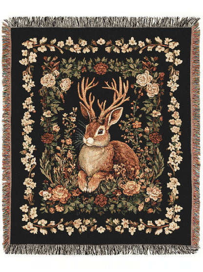 Jackalope Woven Blanket, Mythical Rabbit Deer Nature Tapestry Throw, Moody Cottagecore Whimsigoth Botanical Home Decor, Witchy Gift