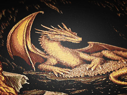 Gold Dragon Woven Blanket, Fantasy Fire Dragon Medieval Tapestry Throw, Mythical Creature Blanket for Dungeon And Whimsigoth Decor, RPG Gift