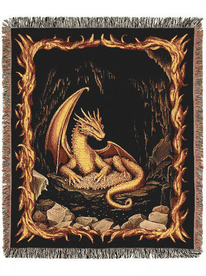 Gold Dragon Woven Blanket, Fantasy Fire Dragon Medieval Tapestry Throw, Mythical Creature Blanket for Dungeon And Whimsigoth Decor, RPG Gift