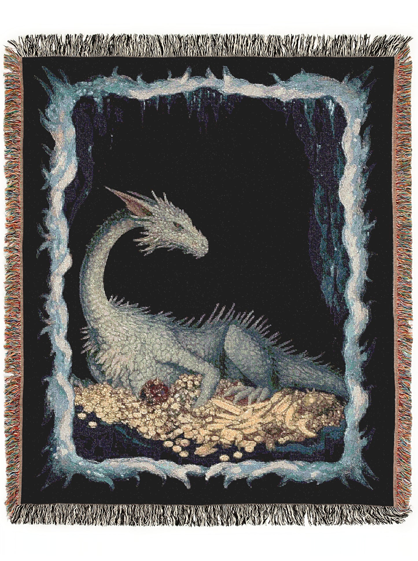 Ice Dragon Woven Blanket, Cold Blue Dragon Frost Fantasy Large Wall Tapestry Throw, Winter Cave DnD Fans and Whimsigoth Decor, RPG Gifts