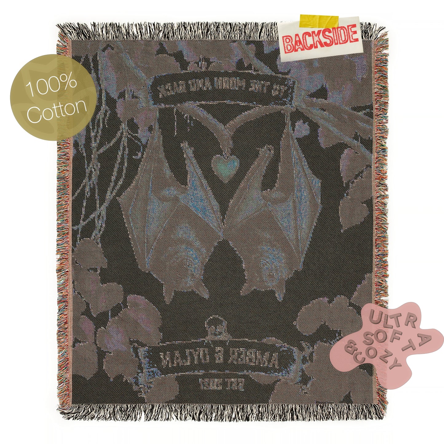 Personalized Bat Couple Woven Blanket, Cozy Decor for Halloween, Unique Gift for Bat Lovers, Customizable Throw Blanket, Autumn Home Accents