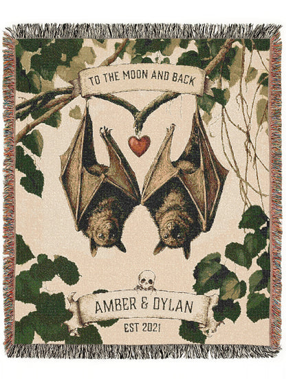Personalized Bat Couple Woven Blanket, Cozy Decor for Halloween, Unique Gift for Bat Lovers, Customizable Throw Blanket, Autumn Home Accents