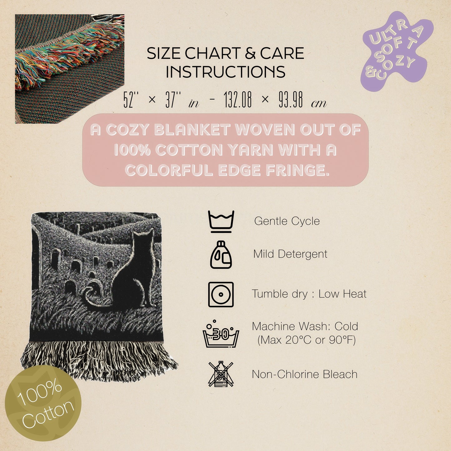 Gothic Cat Graveyard Blanket, Woven Crescent Moon Throw with Bats and Cemetery Scene, Whimsigoth Decor, Dark Academia Halloween Decor