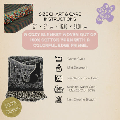 Gothic Cat Graveyard Blanket, Woven Crescent Moon Throw with Bats and Cemetery Scene, Whimsigoth Decor, Dark Academia Halloween Decor
