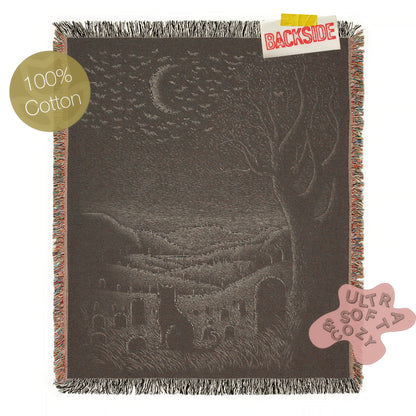 Gothic Cat Graveyard Blanket, Woven Crescent Moon Throw with Bats and Cemetery Scene, Whimsigoth Decor, Dark Academia Halloween Decor
