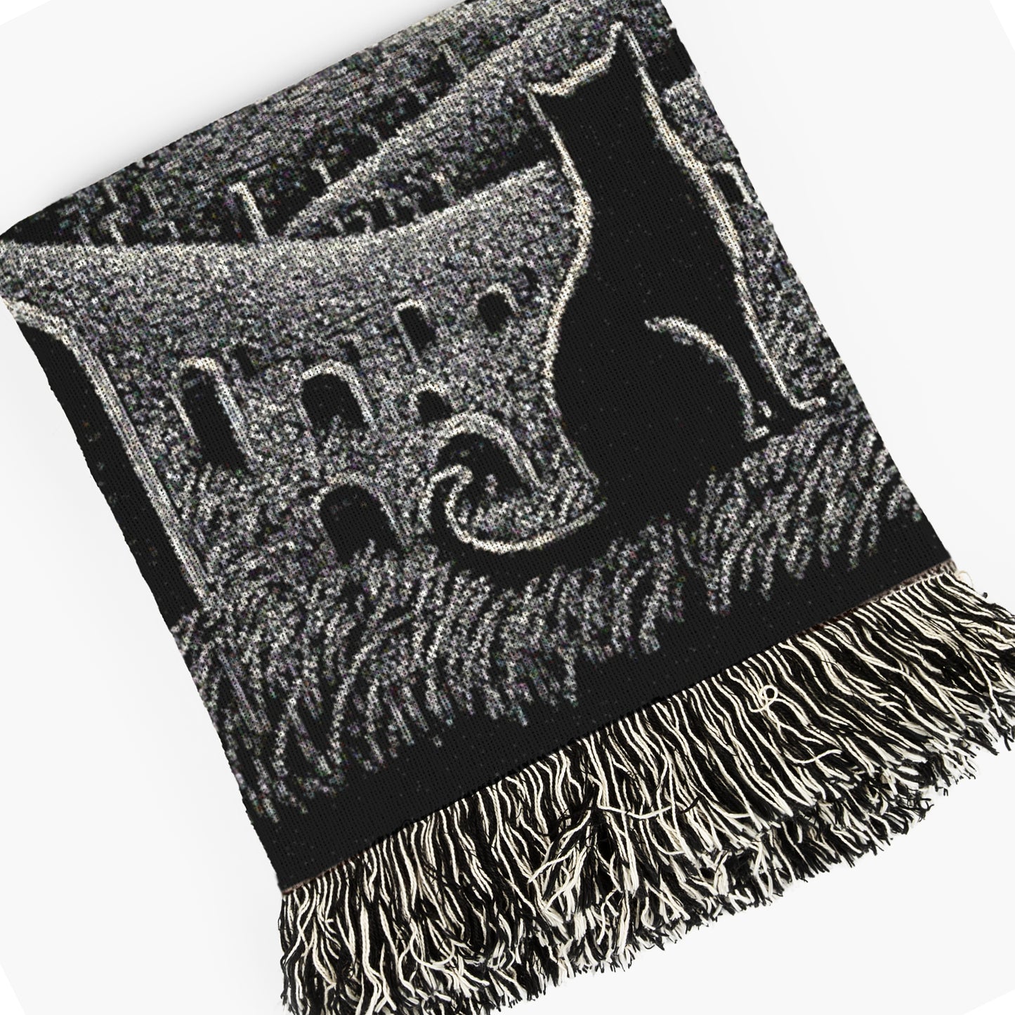 Gothic Cat Graveyard Blanket, Woven Crescent Moon Throw with Bats and Cemetery Scene, Whimsigoth Decor, Dark Academia Halloween Decor
