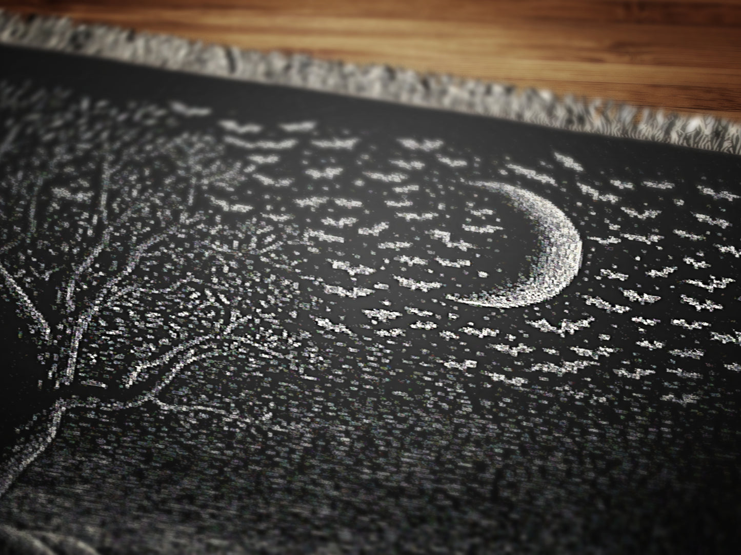 Gothic Cat Graveyard Blanket, Woven Crescent Moon Throw with Bats and Cemetery Scene, Whimsigoth Decor, Dark Academia Halloween Decor