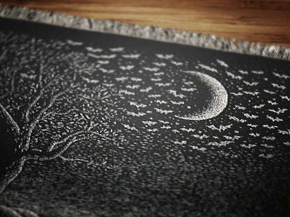 Gothic Cat Graveyard Blanket, Woven Crescent Moon Throw with Bats and Cemetery Scene, Whimsigoth Decor, Dark Academia Halloween Decor