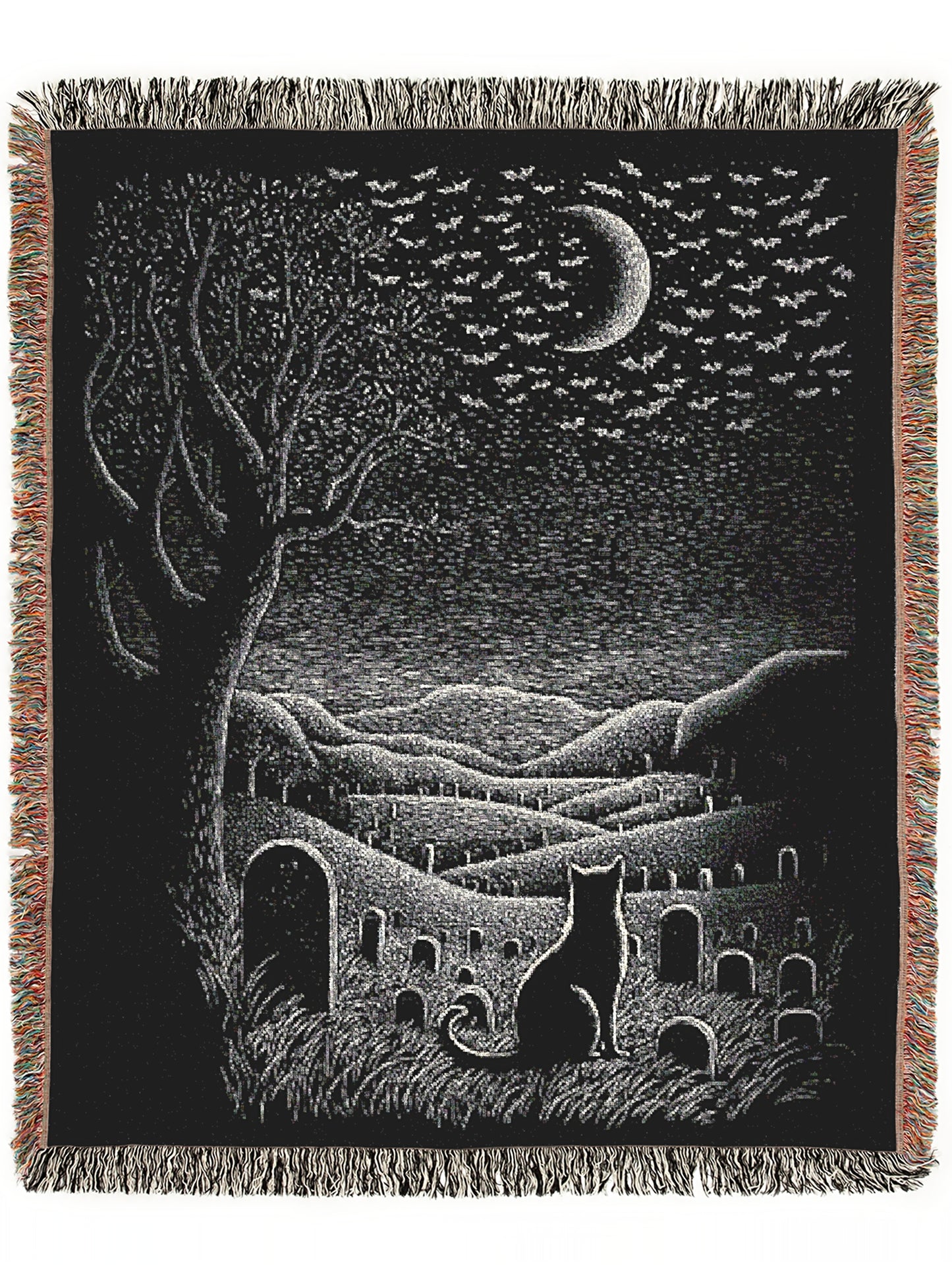 Gothic Cat Graveyard Blanket, Woven Crescent Moon Throw with Bats and Cemetery Scene, Whimsigoth Decor, Dark Academia Halloween Decor