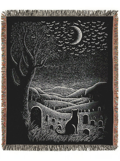 Gothic Cat Graveyard Blanket, Woven Crescent Moon Throw with Bats and Cemetery Scene, Whimsigoth Decor, Dark Academia Halloween Decor