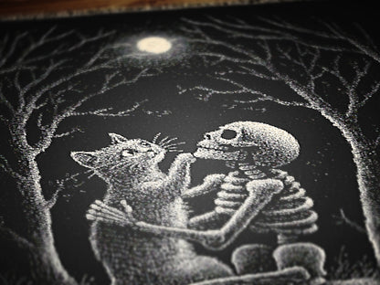 Skeleton and Cat Woven Throw Blanket, Gothic Blanket with Full Moon, Witchy Halloween Romance Decor, Whimsigoth Decor, Spooky Cat Gift