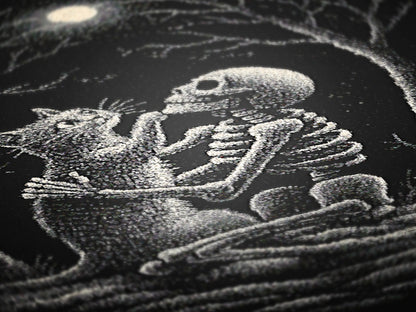 Skeleton and Cat Woven Throw Blanket, Gothic Blanket with Full Moon, Witchy Halloween Romance Decor, Whimsigoth Decor, Spooky Cat Gift