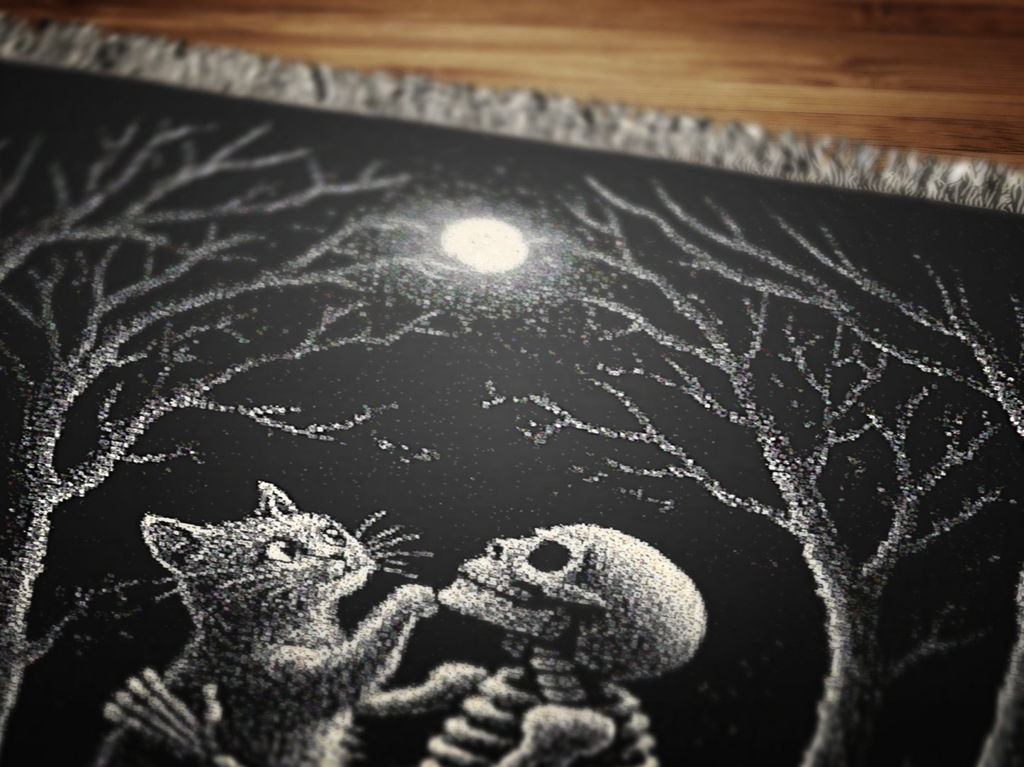 Skeleton and Cat Woven Throw Blanket, Gothic Blanket with Full Moon, Witchy Halloween Romance Decor, Whimsigoth Decor, Spooky Cat Gift
