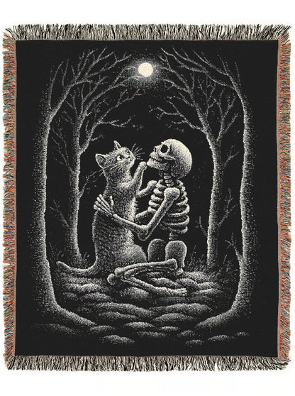 Skeleton and Cat Woven Throw Blanket, Gothic Blanket with Full Moon, Witchy Halloween Romance Decor, Whimsigoth Decor, Spooky Cat Gift