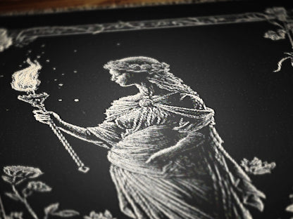 Hecate Woven Tapestry Blanket, Greek Mythology Witch Goddess Blanket with Torch and Floral Border, Whimsigoth Dark Academia Wiccan Decor