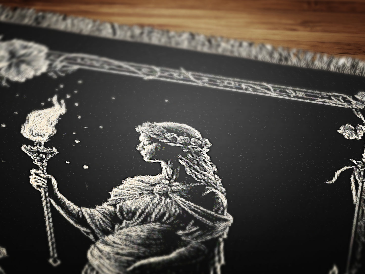 Hecate Woven Tapestry Blanket, Greek Mythology Witch Goddess Blanket with Torch and Floral Border, Whimsigoth Dark Academia Wiccan Decor