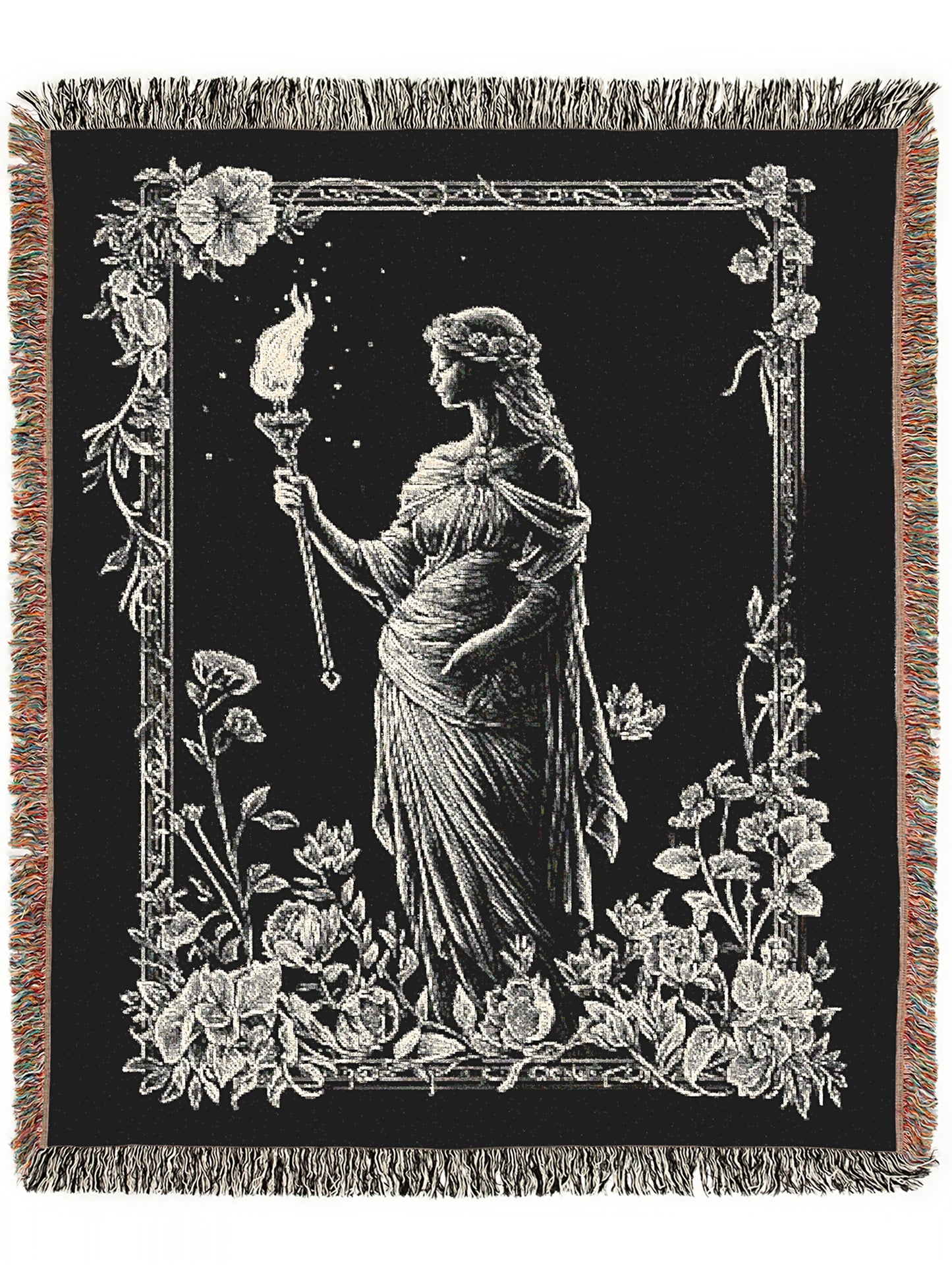 Hecate Woven Tapestry Blanket, Greek Mythology Witch Goddess Blanket with Torch and Floral Border, Whimsigoth Dark Academia Wiccan Decor