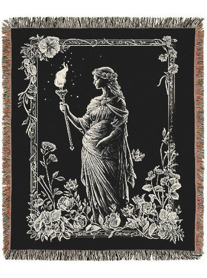 Hecate Woven Tapestry Blanket, Greek Mythology Witch Goddess Blanket with Torch and Floral Border, Whimsigoth Dark Academia Wiccan Decor