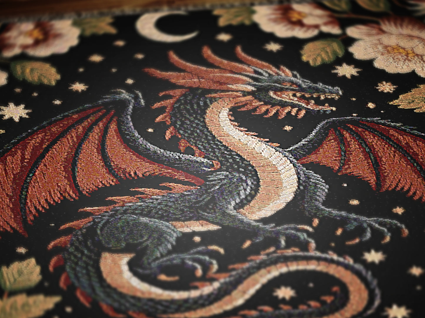 Medieval Floral Dragon Large Wall Tapestry Blanket, Mythical Fantasy Woven Wall Art Throw, Forest Castlecore Whimsigoth Cottagecore Decor